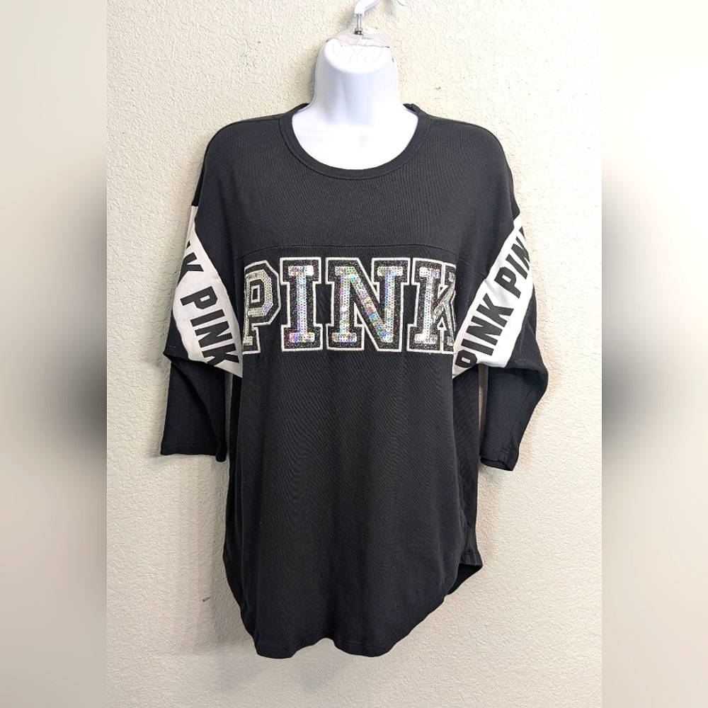 PINK Victoria's Secret Y2K Black Tee Iridescent Sequin Logo 3/4 Dolman Sleeve S